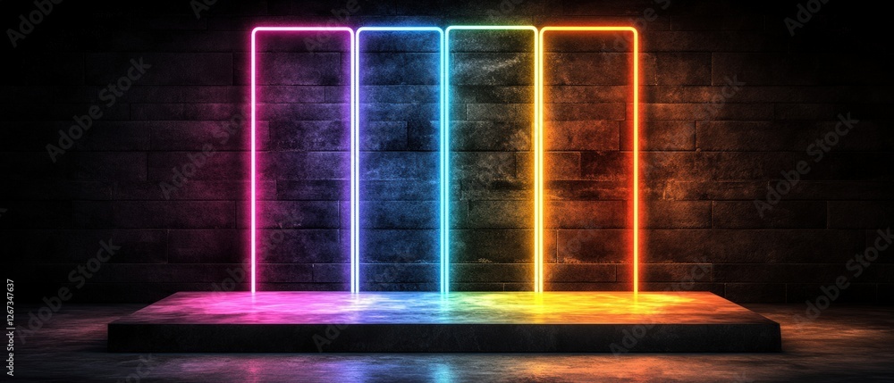 Poster two brightly lit neon lights on a platform in a modern game show setting with colorful glowing ambia