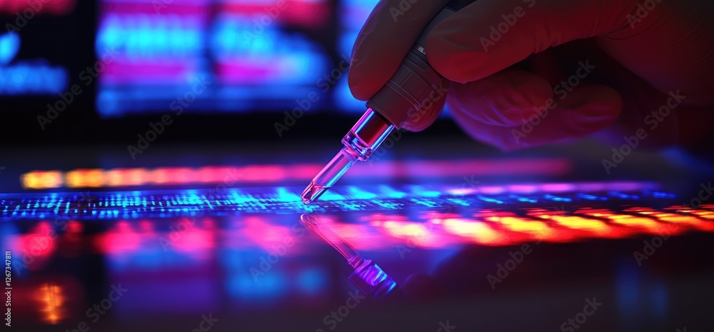Poster lab worker using pipette on glowing screen, data analysis, research