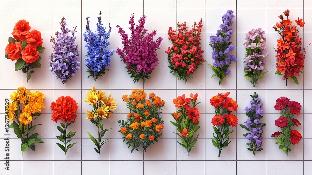 Poster a vibrant display of assorted flowers arranged neatly on a tiled wall, showcasing various colors and