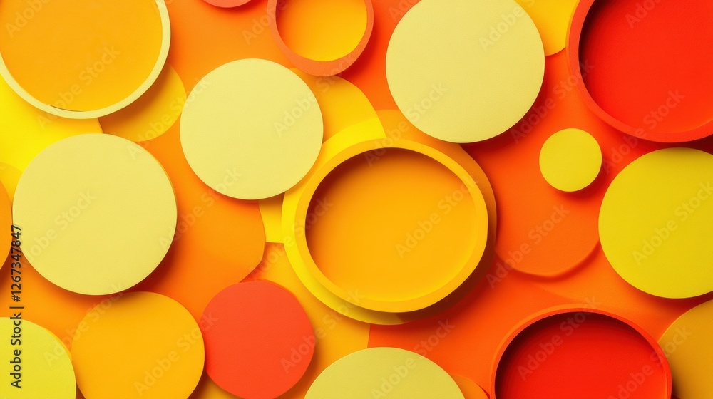 Poster colorful arrangement of circular shapes in vibrant hues of yellow and orange creating a warm and inv