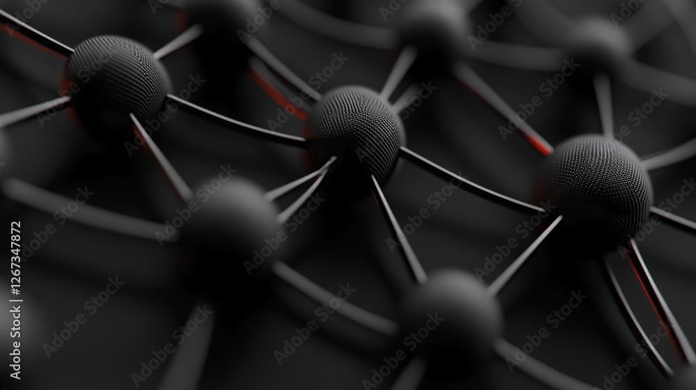 Poster black and red spheres connected by metal lines and dots in a network pattern on a high fidelity back