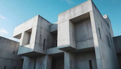 Geometric concrete architecture against tranquil sky in austere composition