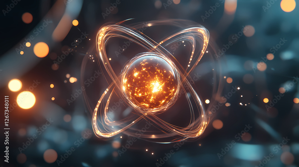 Poster 3d atomic structure rendering with glowing core and electron orbits