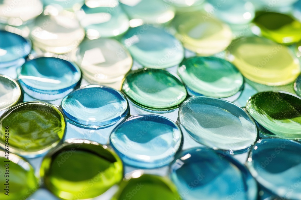 Poster colorful glass marbles arranged in a decorative pattern on a surface reflecting sunlight. generative
