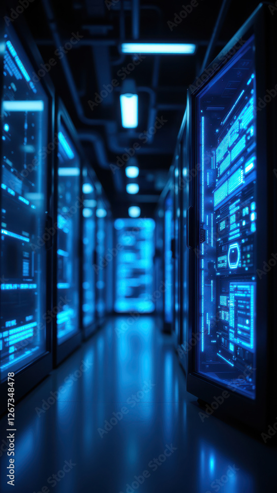 Poster modern data center with powerful servers for secure online operations.