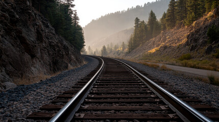 Railway tracks wind through a serene mountainous area, framed by tall trees and rocky terrain, as the warm glow of sunset casts a soft light over the scene