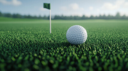 Obraz premium A close-up of a golf ball resting on lush green grass, near a flagstick, capturing the essence of a serene golf course setting.