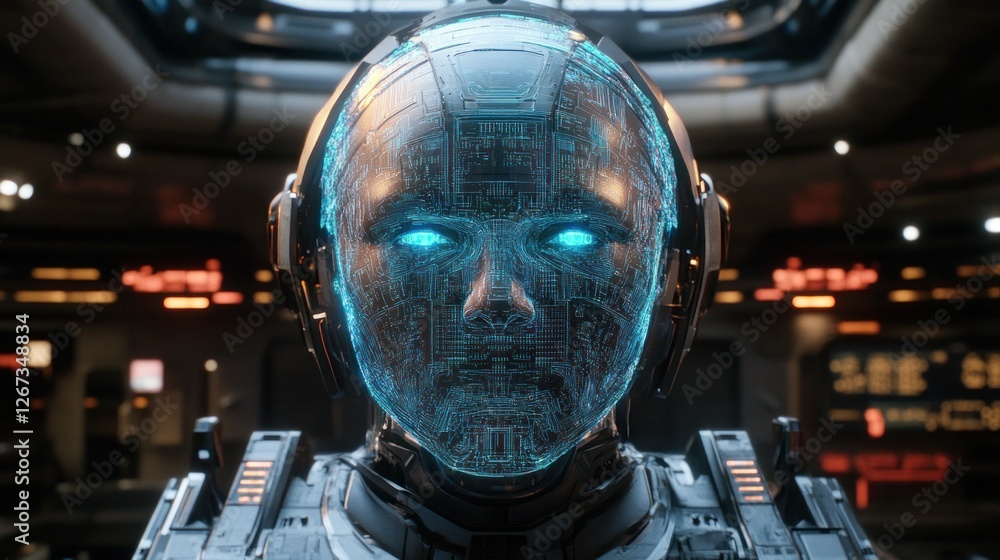 Poster futuristic robot with hud in spaceship cockpit