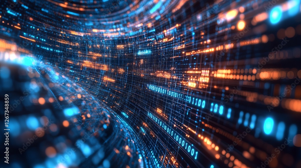 Poster abstract digital data stream futuristic technology background blue orange binary code network cybers