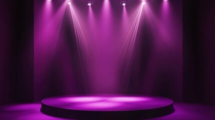 Purple background wall studio room with spotlights casting shadows on the floor, featuring a dark violet backdrop and neon lighting, perfect for product presentations, exhibitions, or event showcases
