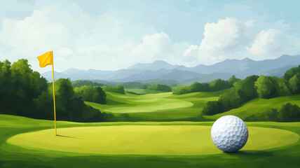 Obraz premium A serene golf course scene featuring a flag, golf ball, and lush green landscape under a clear sky.