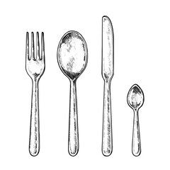 Vector illustration of a cutlery set in black and white. Hand drawn sketch of fork, knife, spoon and teaspoon with isolated background. For kitchen and tableware designs with vintage engraving style
