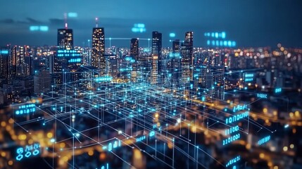 Futuristic Smart City Night Skyline Digital Network Technology Innovation Cityscape Urban Modern Digital Data Connection Global Network Blue Light web
