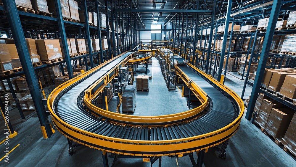 Poster automated conveyor system transports packages efficiently in modern warehouse