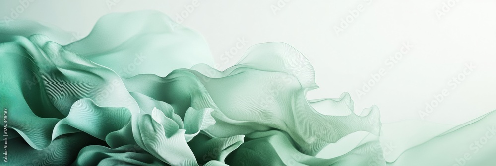 Poster Soft flowing silk in gentle shades of green creating an ethereal atmosphere in calming light. Generative AI