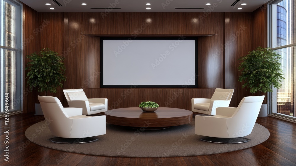 Poster room with large screen and two chairs in an office virtual studio background for video conferencing
