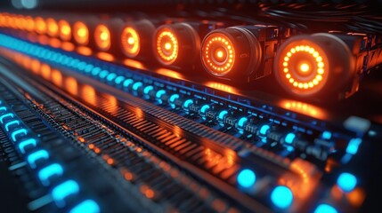 Futuristic server room with glowing lights and complex circuitry for tech backgrounds