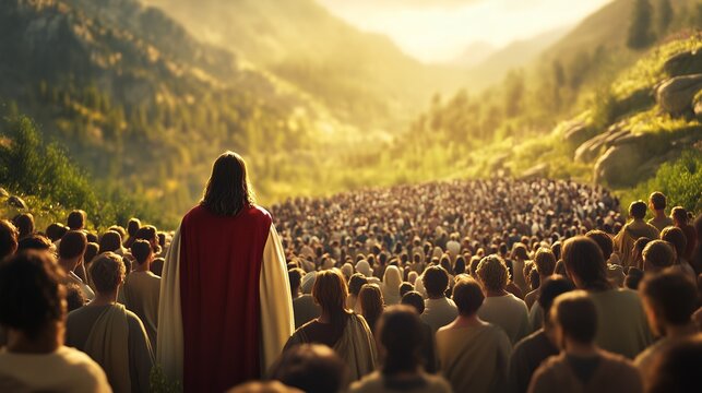 Jesus is standing in front of a crowd. A parable of jesus on the mountain. A generative illustration of nature. Jesus is positioned before a lifestyle group of people.