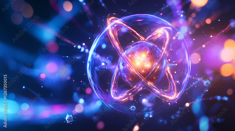 Poster dreamlike atomic structure with glowing core and electron orbits