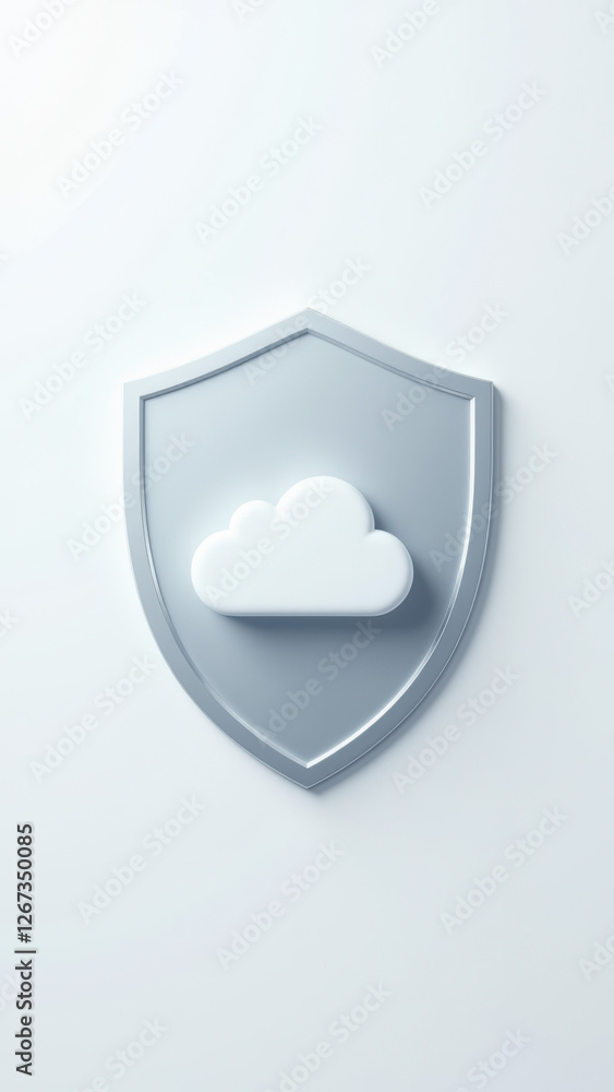 Poster cloud-based cybersecurity shield icon for digital security services.