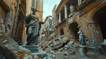 Toppled Statues in a Decaying Square: Fallen statues in a crumbling square, evoking the decline of cultural memory and forgotten stories.