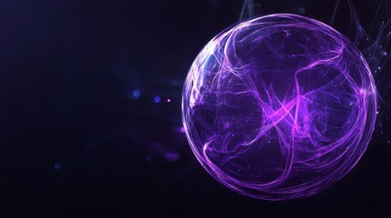 Abstract glowing plasma purple sphere in empty space, emitting energy particles and waves. The magical orb symbolizes technology, science, and artificial intelligence, representing a digital future.