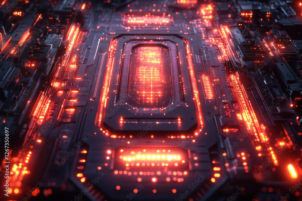 Poster futuristic electronic circuit board with spectacular glow of red leds. the design resembles a high-t