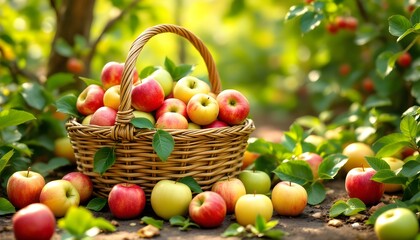 Harvest bounty, A basket overflowing with fresh apples in an orchard