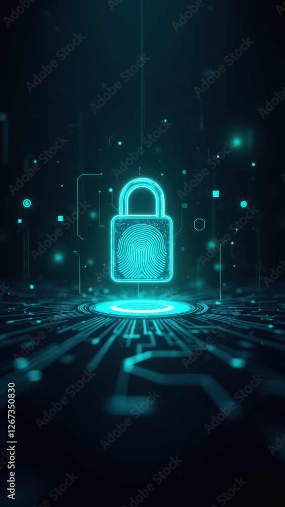Poster cybersecurity keylock digital graphic with teal tech elements and circuit board background.