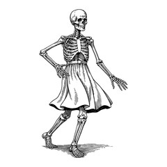 A Skeleton in Dress with Dynamic Dancing Pose Black and White Outline Line Art Drawing