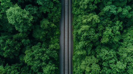 Aerial perspective showcasing railway tracks seamlessly meandering through a lush, dense forest. The vibrant greenery highlights the tranquility and beauty of nature surrounding the railway