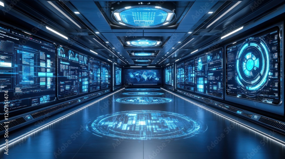 Poster futuristic spaceship corridor with data screens and world map