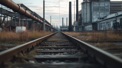 Fototapeta premium Rail tracks lead through a desolate industrial site during dusk, bordered by tall grass and weathered buildings. The setting evokes a sense of abandonment and nostalgia for a once-bustling area