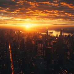 Fototapeta premium A breathtaking aerial view of a city at sunset, golden-orange sky reflecting on skyscrapers, lights slowly turning on, peaceful and cinematic atmosphere