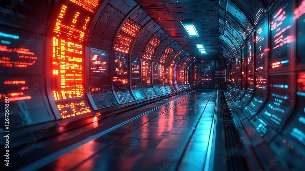 Poster futuristic spaceship corridor with glowing screens and data