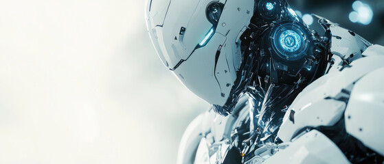 Fototapeta premium Close-Up 3D Rendering of a White Robot head Centered in a Futuristic Space Portal on a White Background