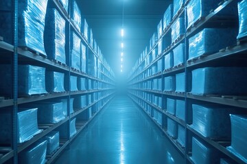 Exploring a Warehouse: Rows of Pallets with Wrapped Goods Efficiently Stored under Bright Lights