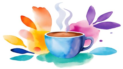 Colorful Watercolor Cup of Coffee with Abstract Background Design