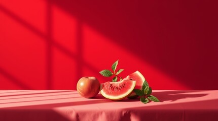 Fresh Summer Fruits &ndash; Juicy Watermelon, Ripe Peaches, and Mint Leaves on a Vibrant Red Background