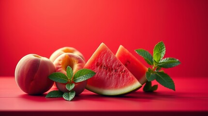 Fresh Summer Fruits &ndash; Juicy Watermelon, Ripe Peaches, and Mint Leaves on a Vibrant Red Background