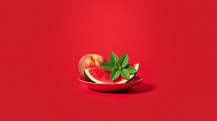 Fresh Summer Fruits &ndash; Juicy Watermelon, Ripe Peaches, and Mint Leaves on a Vibrant Red Background