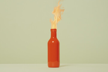 Fiery Bottle: A surreal and striking image of a red bottle with flames erupting from its neck against a muted green background. The scene is both captivating and slightly unsettling.