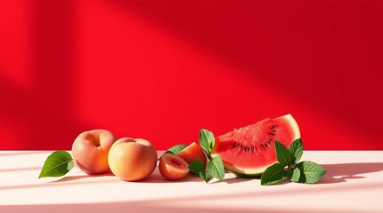 Fresh Summer Fruits &ndash; Juicy Watermelon, Ripe Peaches, and Mint Leaves on a Vibrant Red Background