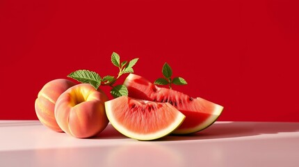 Fresh Summer Fruits &ndash; Juicy Watermelon, Ripe Peaches, and Mint Leaves on a Vibrant Red Background