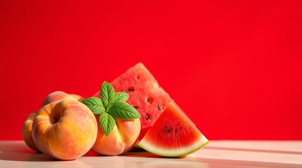 Fresh Summer Fruits &ndash; Juicy Watermelon, Ripe Peaches, and Mint Leaves on a Vibrant Red Background