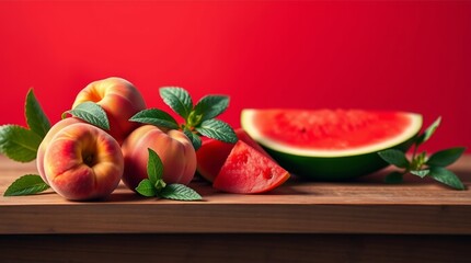 Fresh Summer Fruits &ndash; Juicy Watermelon, Ripe Peaches, and Mint Leaves on a Vibrant Red Background
