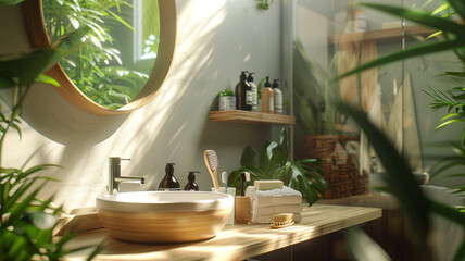 Eco-friendly bathroom with bamboo accessories, plant-based products, and natural materials, promoting sustainable self-care.