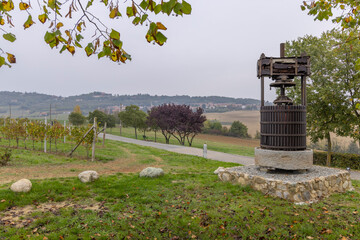 Old wine press near Castello di Razzano and Alfiano Natta, Barolo wine region, province of Cuneo,...