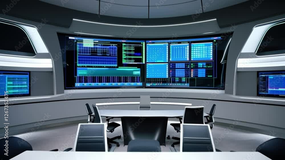 Poster modern control room high tech workspace with digital screens for data visualization and sleek, moder