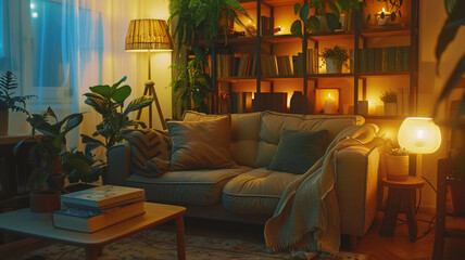 Peaceful living room filled with wellness books, cozy plants, and warm lighting, ideal for mental well-being.